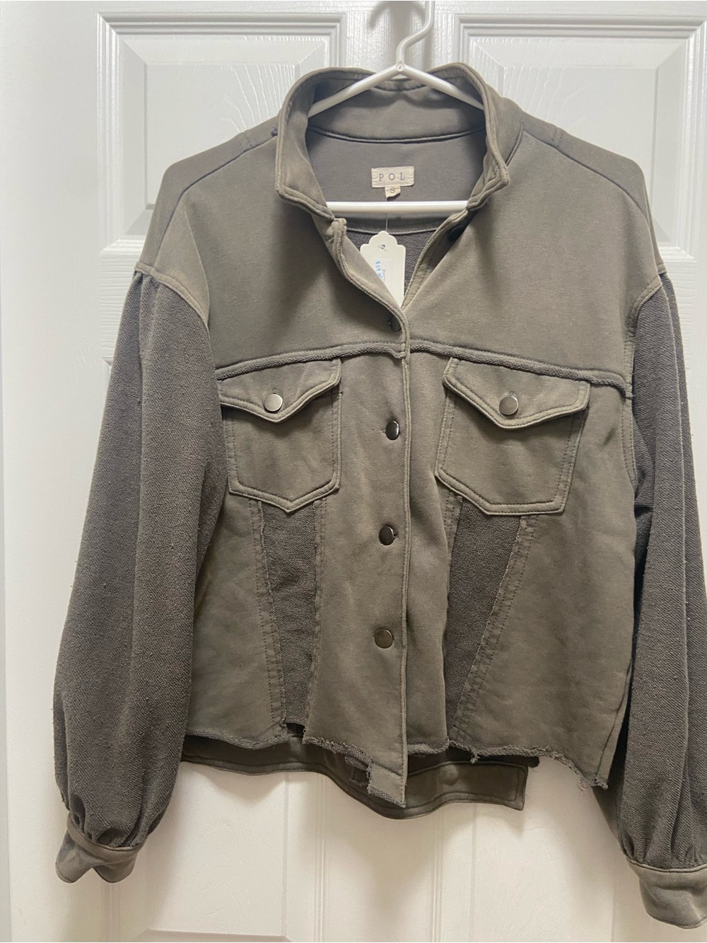 POL Olive Green Mixed-Media Distressed Button Front Jacket NWT Size S